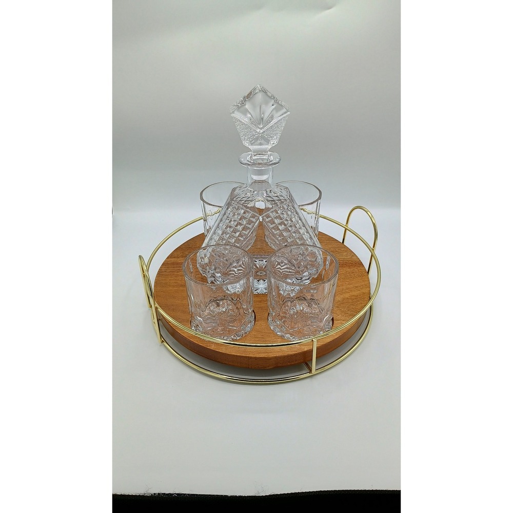 Lead Crystal Decanter & 4 Glasses Plus Rotating Wooden Tray